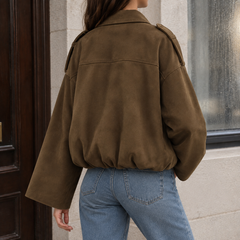 Women’s Collared Suede Bubble-Hem Bomber Jacket in Brown