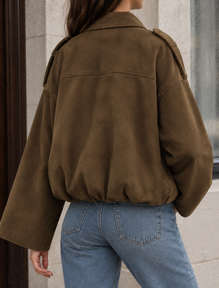 Women’s Collared Suede Bubble-Hem Bomber Jacket in Brown