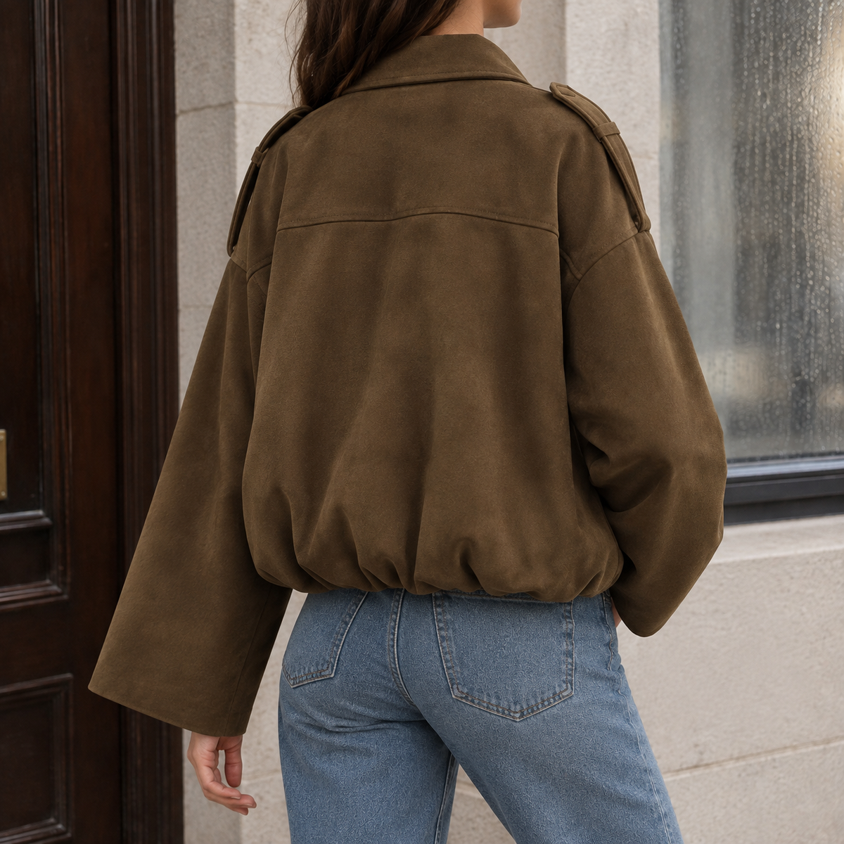 Women’s Collared Suede Bubble-Hem Bomber Jacket in Brown