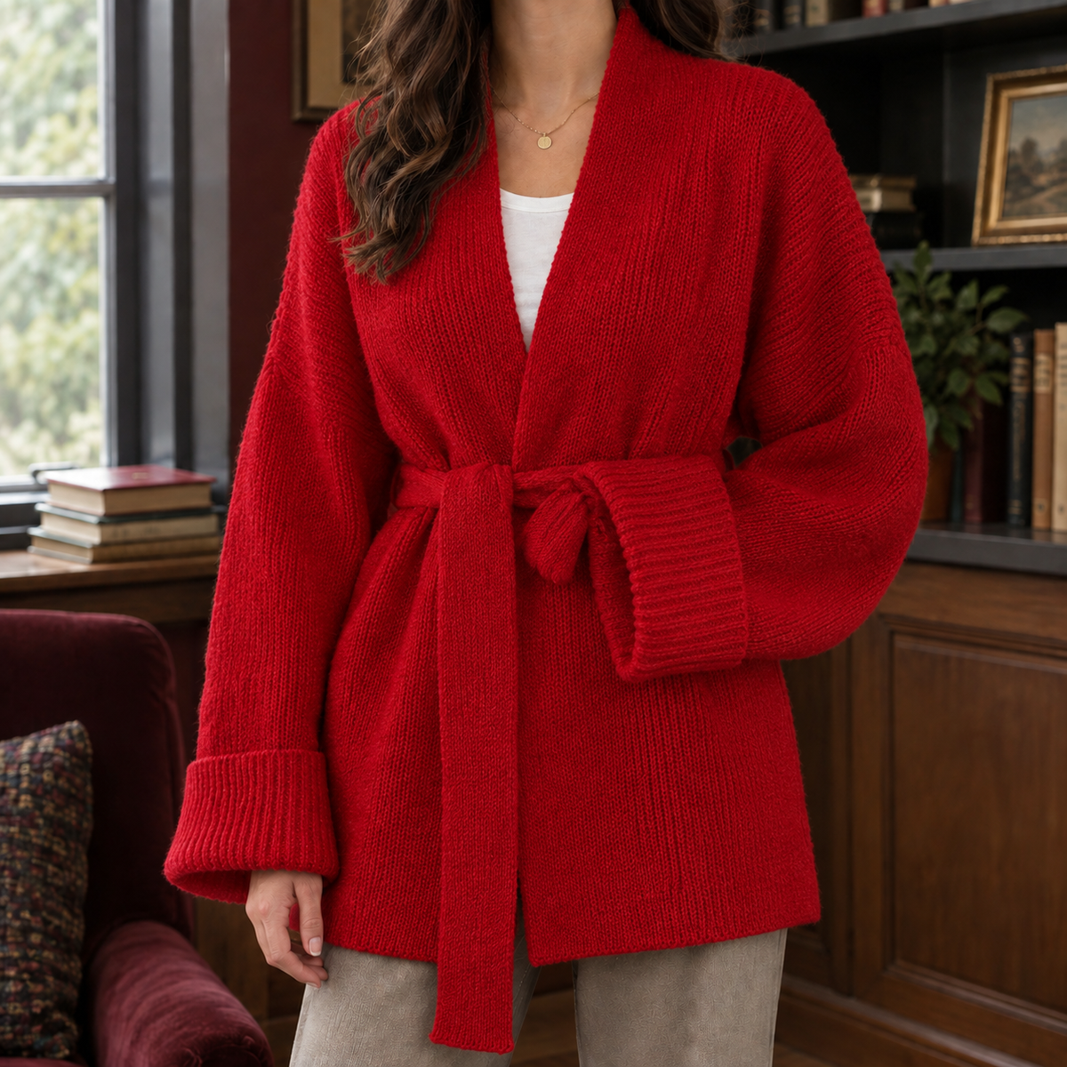 Michelle-Jade Belted Women's Cardigan - Red