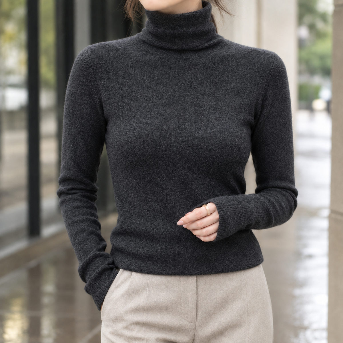 Women's Apolline-Sage Slim Fit Turtleneck Jumper - Dark Grey