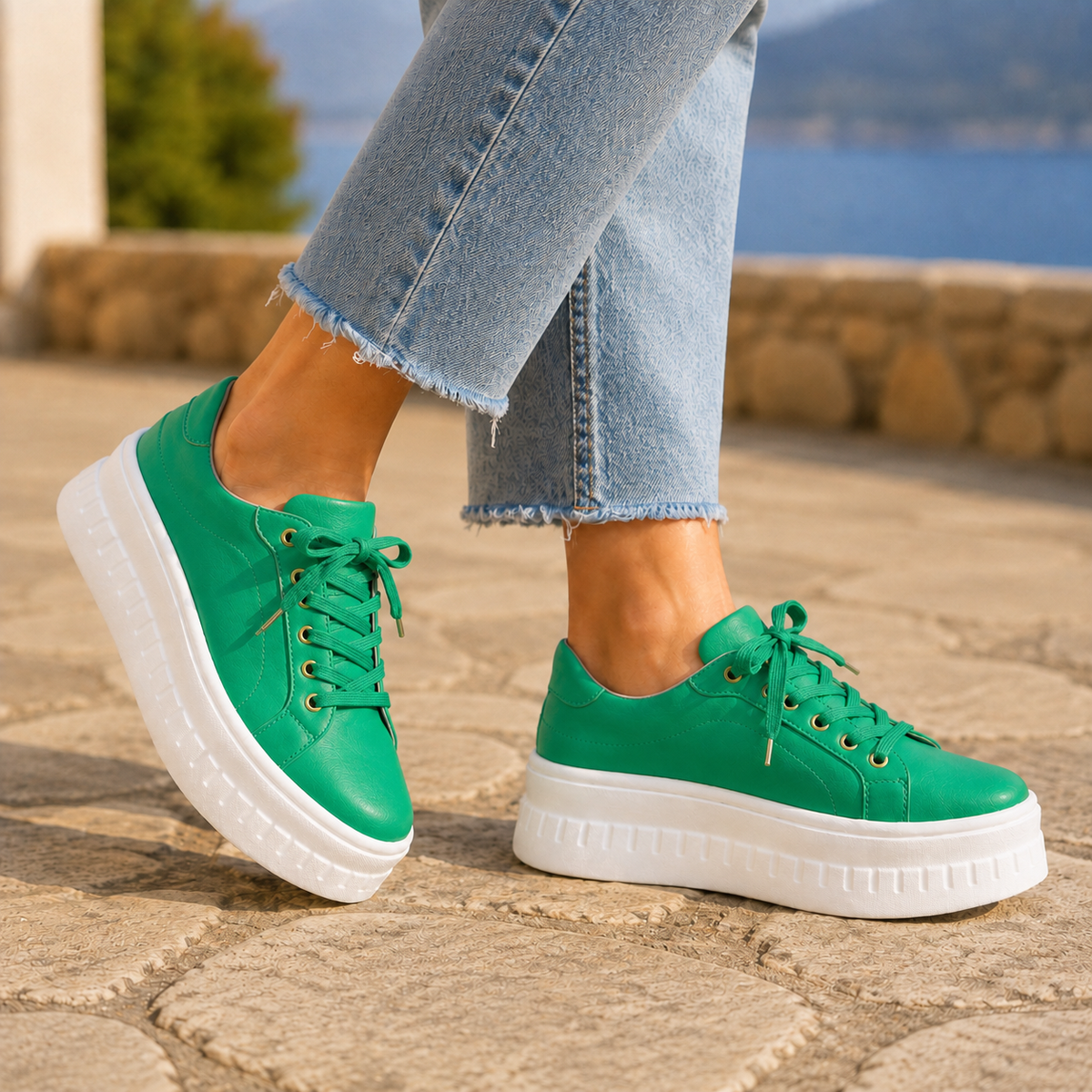 Women’s Lace-Up Chunky Platform Trainers in Green
