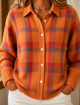 Women’s Windowpane Check Collared Cardigan in Orange