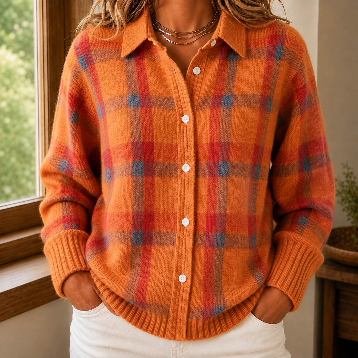 Women’s Windowpane Check Collared Cardigan in Orange
