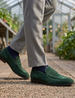 Men’s Suede-Effect Apron-Seam Penny Loafers in Green