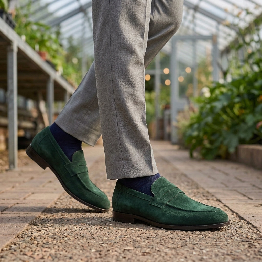 Men’s Suede-Effect Apron-Seam Penny Loafers in Green