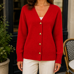 Women’s Heart-Button V-Neck Cardigan in Red