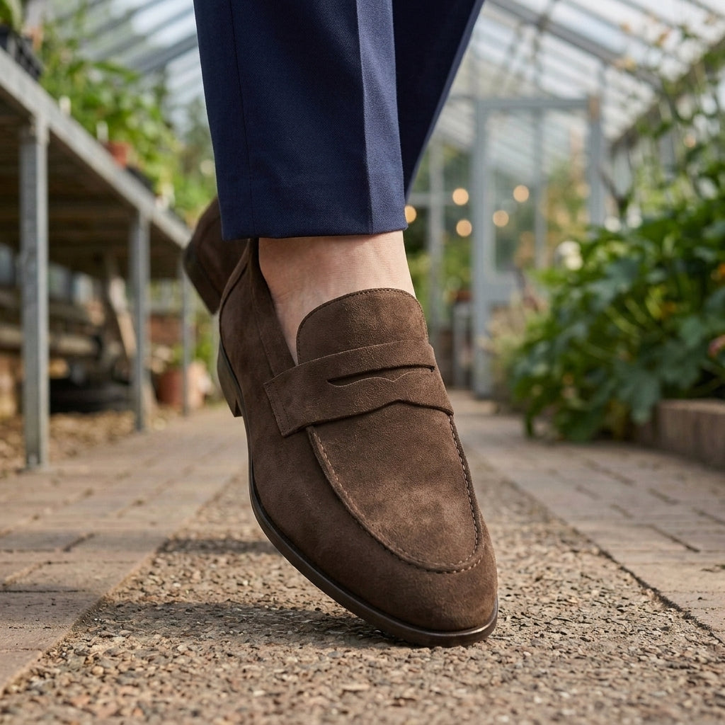 Men’s Suede-Effect Apron-Seam Penny Loafers