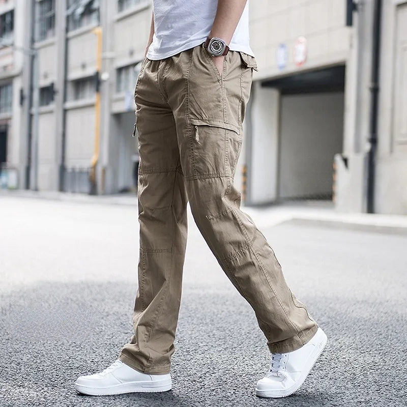 Men’s Stretch Cargo Trousers with Elastic Waist in Khaki