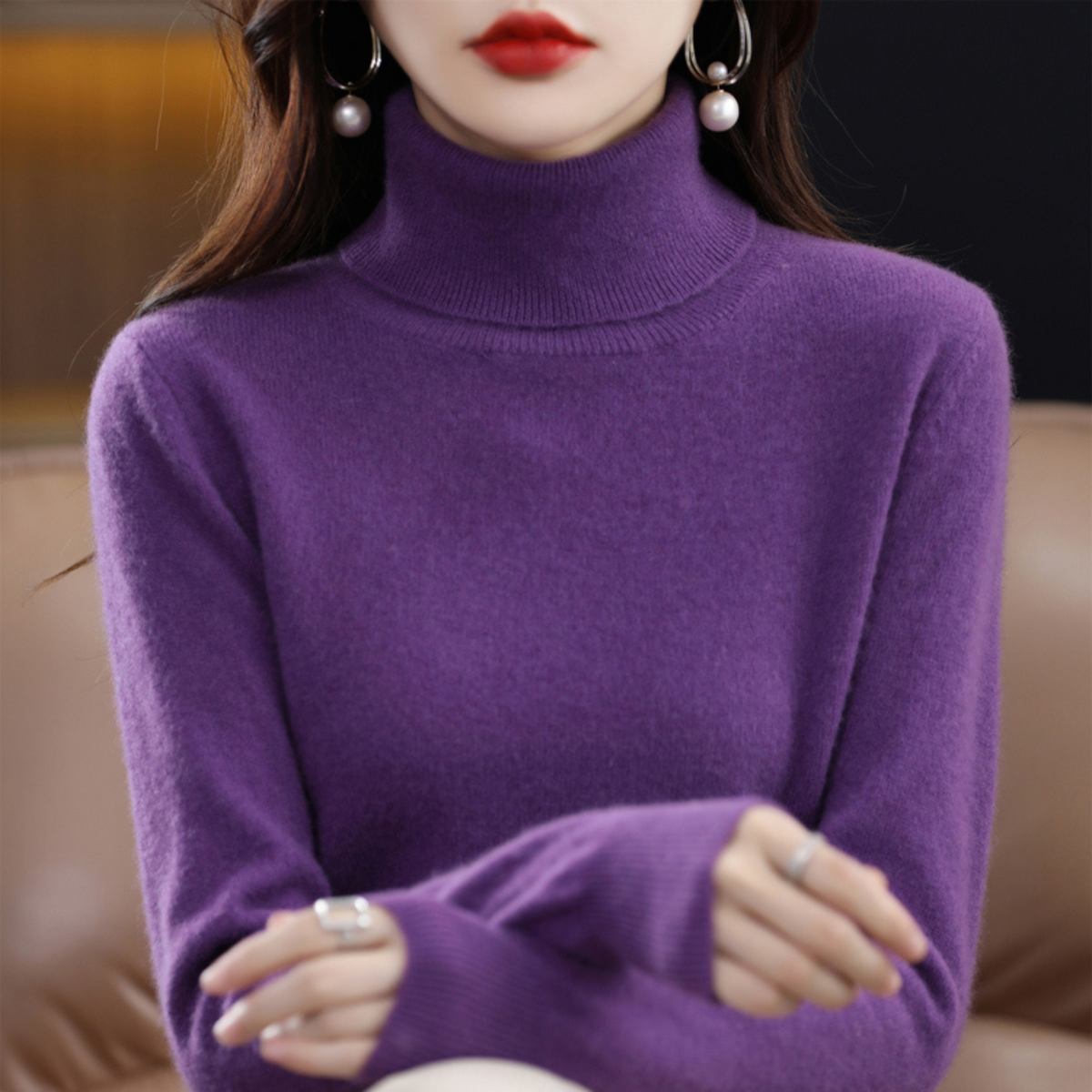 Women’s Cashmere-Blend Slim Turtleneck Jumper in Purple