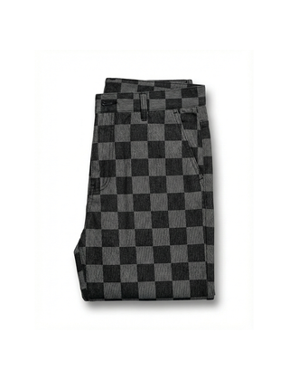 Men’s Check-Pattern Denim Trousers in Black