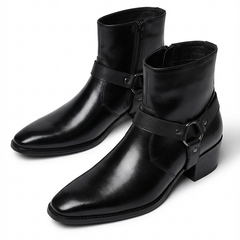 Men’s Chisel-Toe Leather Harness Boots in Black