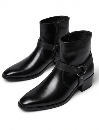 Men’s Chisel-Toe Leather Harness Boots in Black