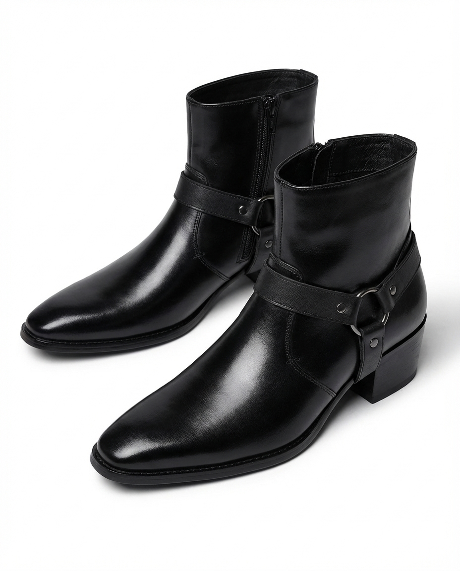 Men’s Chisel-Toe Leather Harness Boots in Black