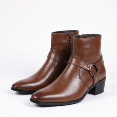 Men’s Chisel-Toe Leather Harness Boots in Dark Brown