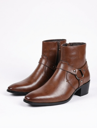 Men’s Chisel-Toe Leather Harness Boots in Dark Brown