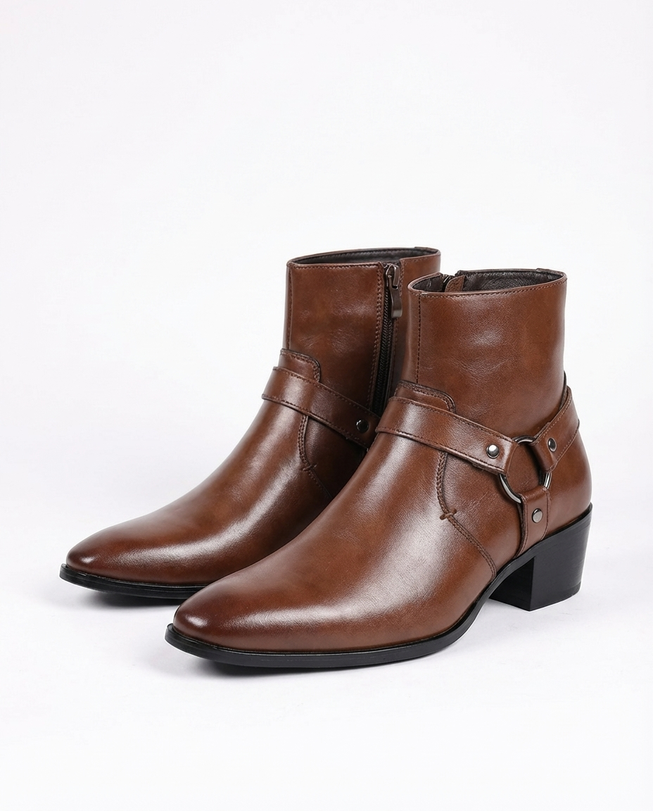 Men’s Chisel-Toe Leather Harness Boots in Dark Brown