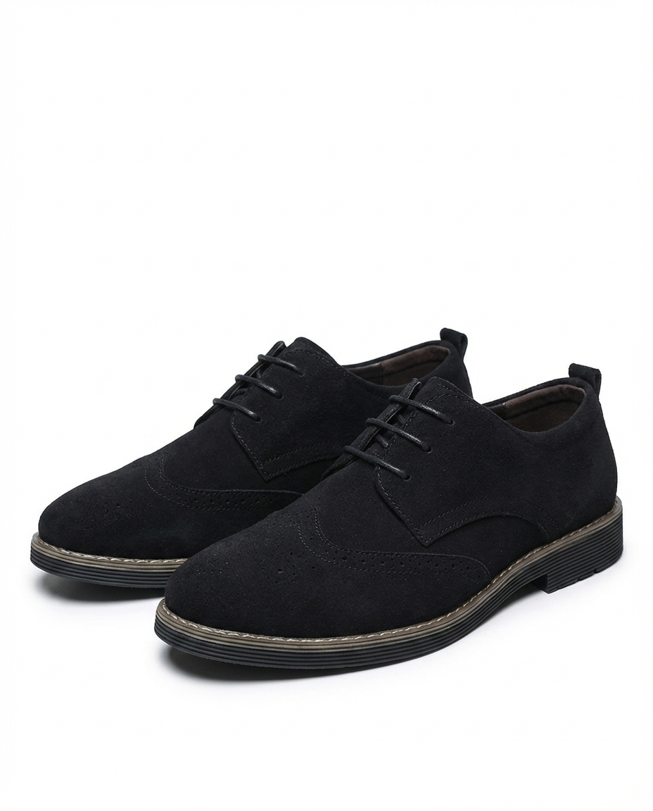 Men’s Suede Wingtip Lug-Sole Brogues in Black